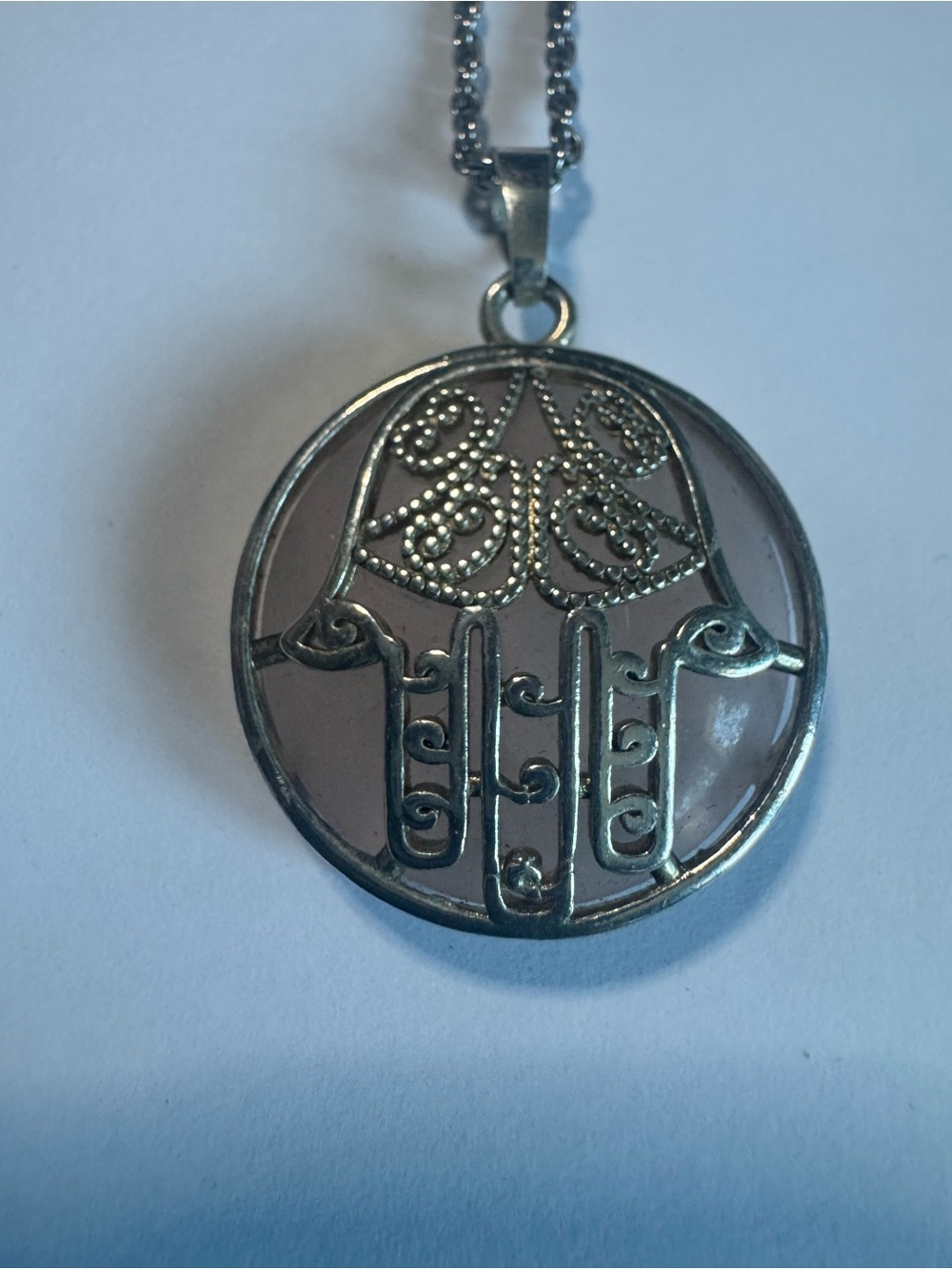 Round Hamsa Pendant Necklace in Silver tone  with Light Pink Rose Quartz Inlay